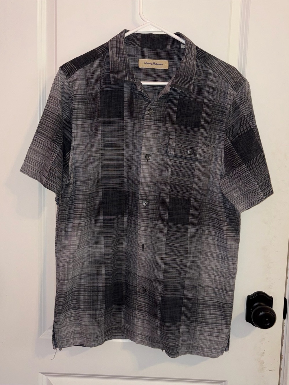 Tommy Bahama Silk Button Up Shirt Sleeve Shirt Black Charcoal Gray Size Medium